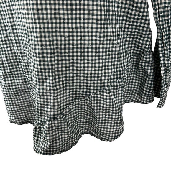 LOGO by Lori Goldstein Green Gingham Striped Ruffled Button Up Long Sleeve Small - Picture 8 of 14